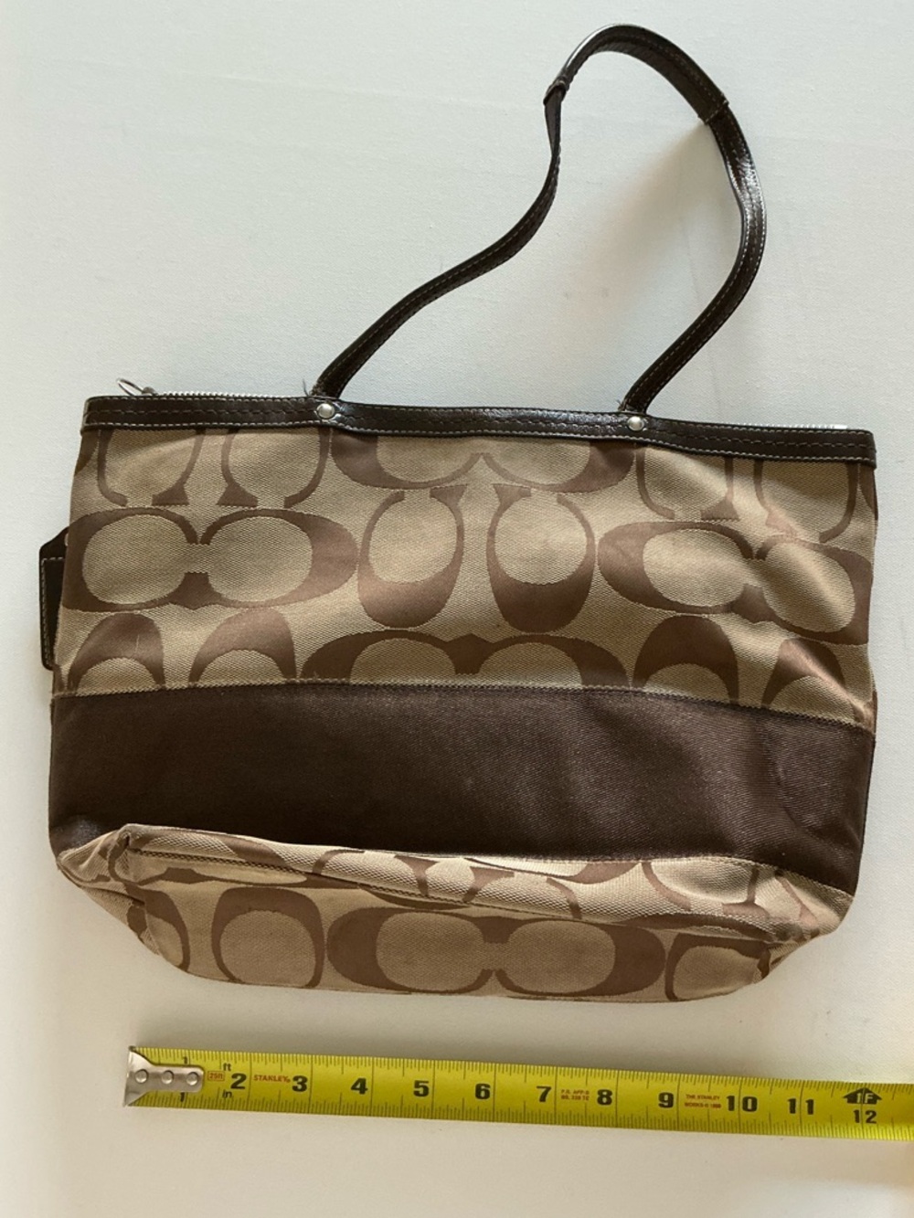 Coach Signature C Stripe Canvas Tote Shoulder Bag Brown Leather Trim Zip Top - Picture 6 of 12
